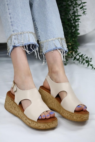 Asmi Shoes Kadın Elena Mantar Taban Ortopedik Sandelet Bej Bej