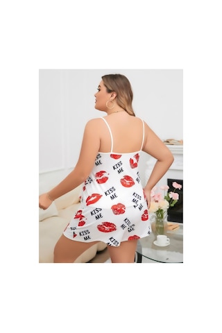 Lily Bianca Nightwear Desenli Askılı Ve Şortlu Büyük Beden Penye Gecelik Beyaz