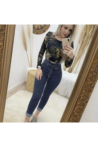 Valensdesign Kadın Yüksek Bel Düğmeli Yırtık Kot Pantolon Lacivert