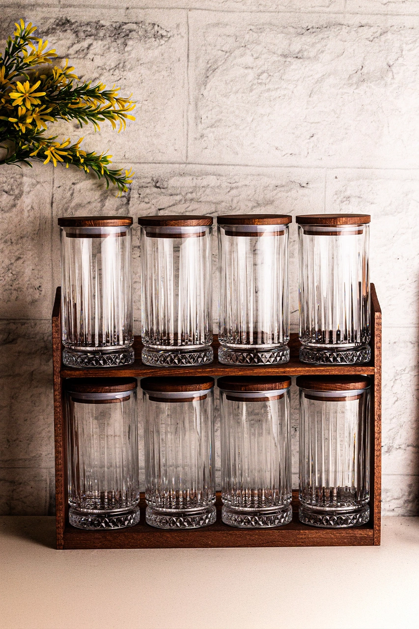 Mira Büyük - 8'li Ahşap Standlı Vakumlu Ahşap Kapaklı Cam Baharatlık Takımı Saklama Kabı Seti 445 Ml Ahşap