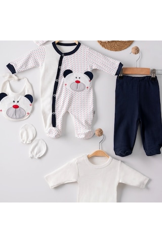 3 Ay Puanlı Ayıcık Nakışlı Tulumlu Erkek Bebek 5'li Set Lacivert Lacivert