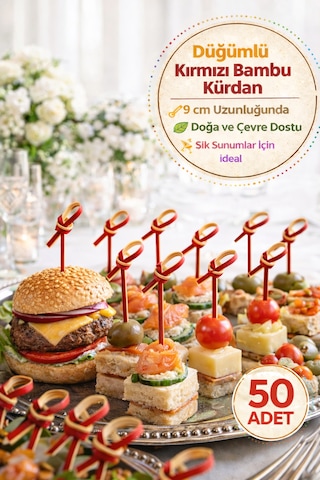 50 Li Paket I 9 Cm Düğümlü Kırmızı Bambu Kürdan Kokteyl Kürdan Sunum Çubuğu Aperatif Kürdan