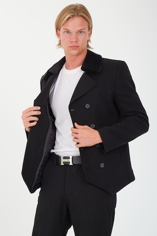 Sposo 1702 Yaka Çıkmalı Kruvaze Yünlü Kaşe Siyah Erkek Kısa Kaban Siyah