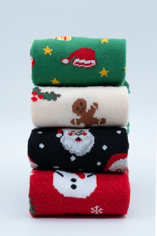 Stocalze Unisex Soket Çorap. Noel Ve Yılbaşı Temalı 4 Farklı Desenli Ve Renkli Kutulu Pamuklu Çorap Seti. Kırmızı - Yeşil - Ekru - Siyah
