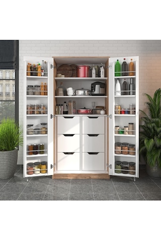 165 Derece Açılabilir 2 Kapaklı, 6 Çekmeceli, Kavanoz Raflı Kiler Ve Erzak Mutfak Dolabı Atlantik Çam Beyaz
