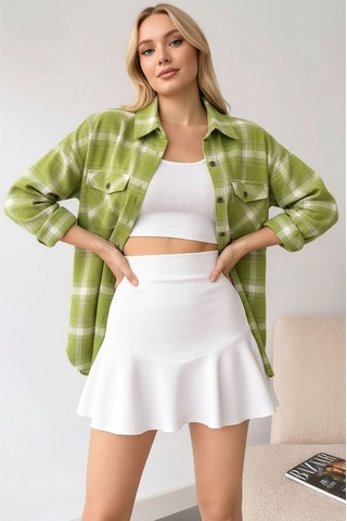Mamayaga Kadın Desen Bloklu Oduncu Oversize Bol Ve Geniş Kalıp Casual Cepli Yakalı Ceket Gömlek Çağla