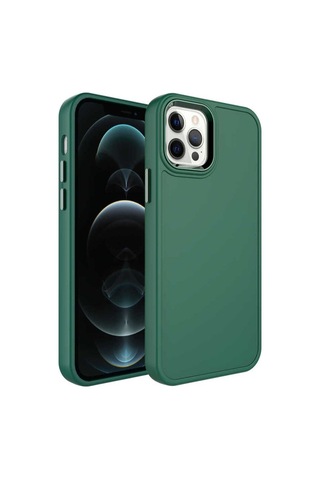Apple Uyumlu iPhone 12 Pro Max Kılıf Metal Çerçeve Ve Buton Tasarımlı Sert Zore Botox Kapak Koyu Yeşil
