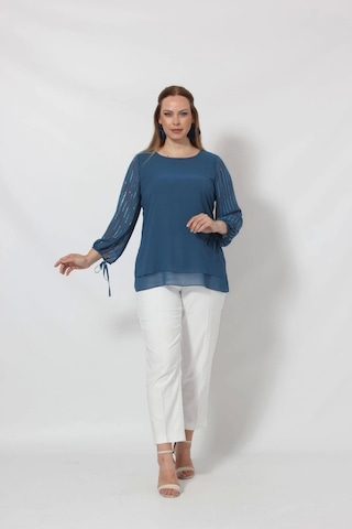 3243 Kolu Taş Baskılı Şık Bluz İndigo Indigo