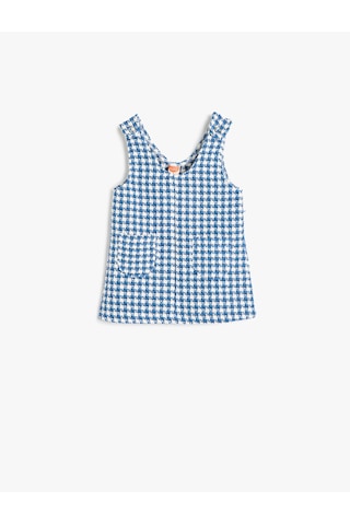 Koton Midi Boy Tüvit Elbise Cepli Pamuk Karışımlı Kolsuz V Yaka Mavi Ekose 5smg80029aw Mavi