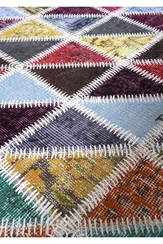 El Dokuması Vintage Patchwork Halı %100 Yün Ve Doğal Boyalı Çok Renkli