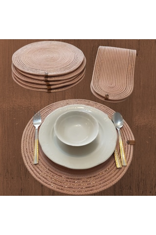 Pudra 6 Kişilik 7parça Amerikan Servis, Hasır Supla Takımı, Tabak Pudra
