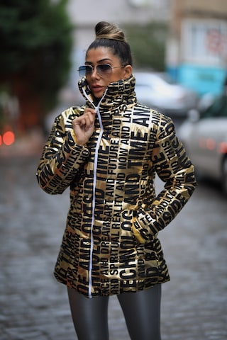 Keyifli Moda Kadın Gold Dik Yaka Uzun Parlak Şişme Mont