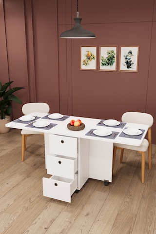 Asra Trend KM-100 %100 MDF 168x70 cm Katlanır Akıllı Mutfak Masası 3 Çekmeceli Tekerlekli Servis Masası Beyaz