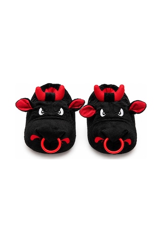 Modafocus Kızgın Boğa Figürlü Sessiz Kaydırmaz Taban Peluş Unisex Ev Pandufu Sevgili Kombin Terliği Siyah Siyah