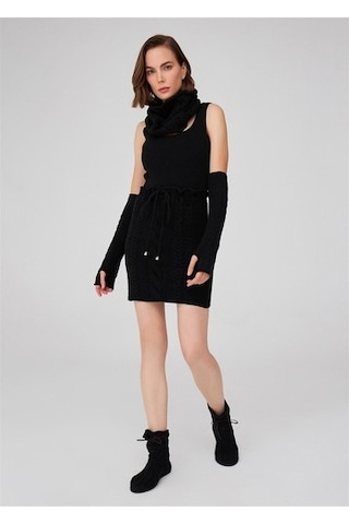 Peraluna Saç Örgü Desenli Kadın Triko Etek Siyah