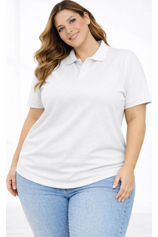 Wear Vexel Kadın Battal Beden Tişört Polo Yaka Pike Kumaş Kısa Kol T-shirt - Beyaz Beyaz