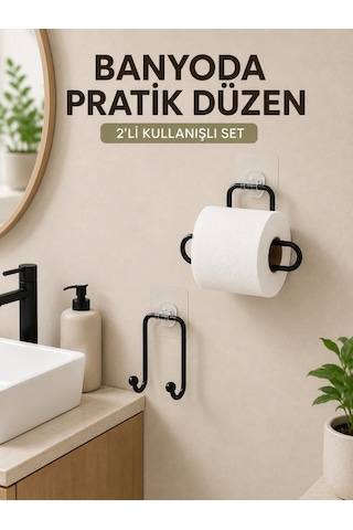 Vidasız Banyo Seti Yapışkanlı Tuvalet Kağıdı Tutucu Ve Havlu Askısı 2 Li Set - Lisinya Çok Renkli