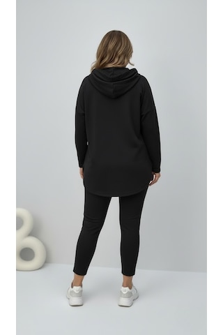 Koza Butik Kadın Büyük Beden Uzun Kollu Kapüşonlu Kanguru Cepli Sweatshirt 2016 Siyah