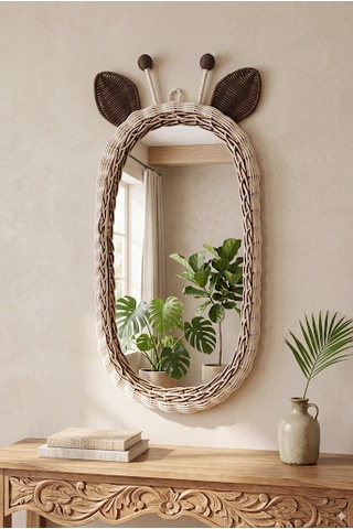 Rattan Bambu El Örmesi Kahverengi Zürafa Model Boy Aynası 30x60 Beyaz - Kahverengi