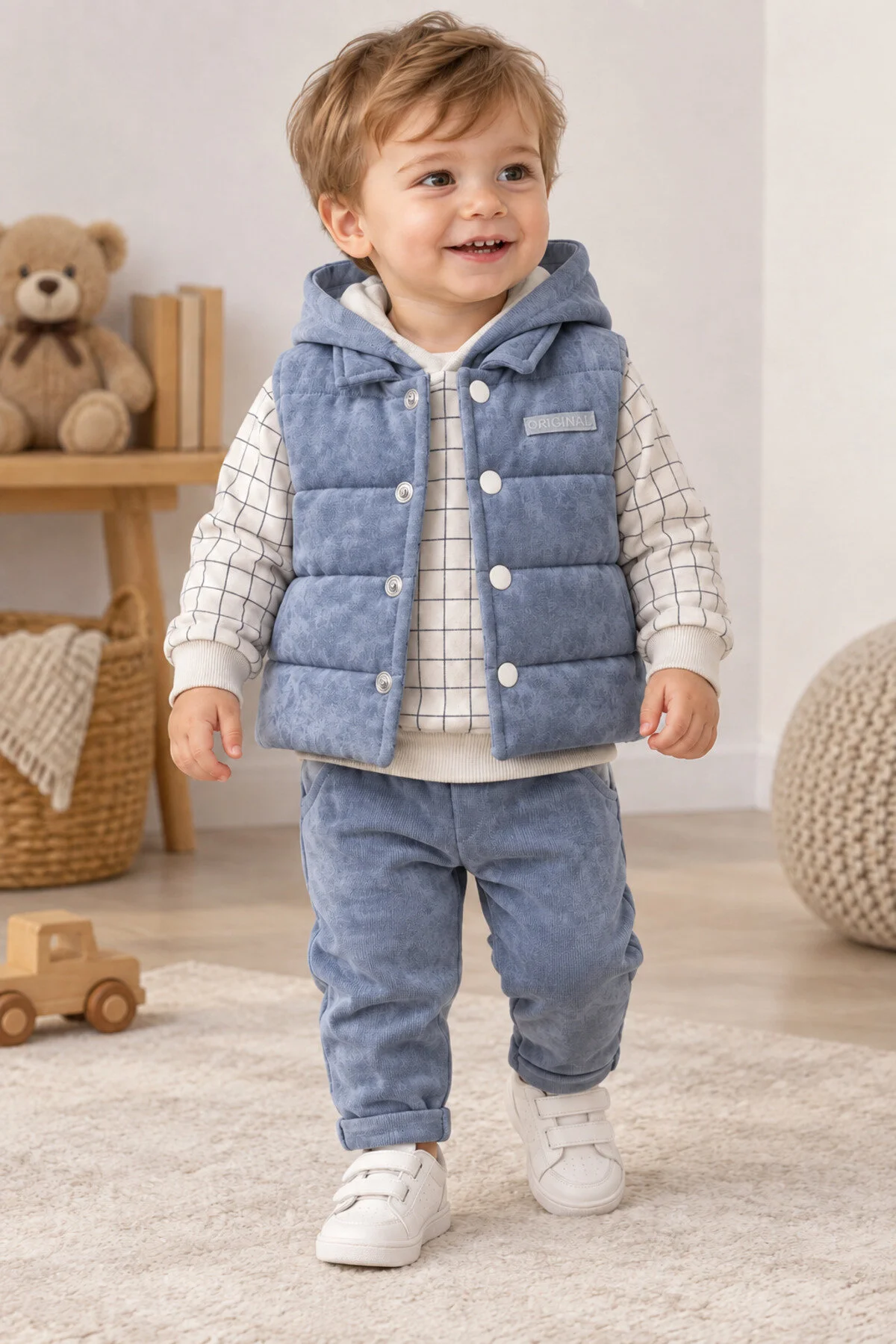 Bilge Trend Erkek Bebek Mavi Kapüşonlu Sweat , Şişme Yelek , Pantolon 3 Parça Premium Seri Kışlık Takım