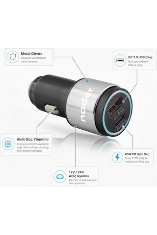 Nodar Nd1076 45w Metal Araç Şarj Cihazı Usb + Type-c Pd 3.0
