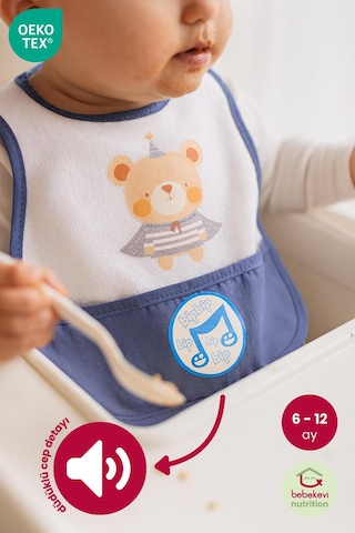Düdüklü Cepli Sıvama Mama Önlüğü - Pelerinli Ayı Bebek Önlüğü Koyu Mavi