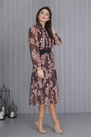 Dip Moda Kadın Kemerli Leopar Desenli Şifon Elbise Dpapcx04 Kahverengi