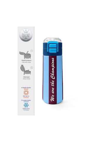 Coral High Kids Bordo Mavi Taraftar Desenli Pipetli Ve Direkt İçim Çelik Termos 500 Ml 31788