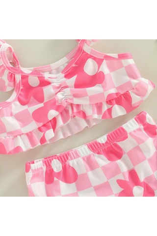 Bebek Kız Bikini Seti, Ekose Çiçek Baskı Fly Kollu Kaşkorse Yaz Plaj İçin Külot Mayo Mayo