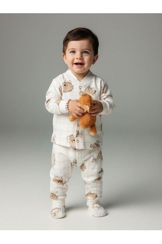 Zekids Bebek Pamuklu Eldivenli Üst Ve Patikli Altlı Pijama Takımı-16787 Bej