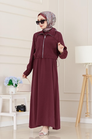 Sevitli Cep Detaylı Cepkenli Ela Elbise-bordo-5078
