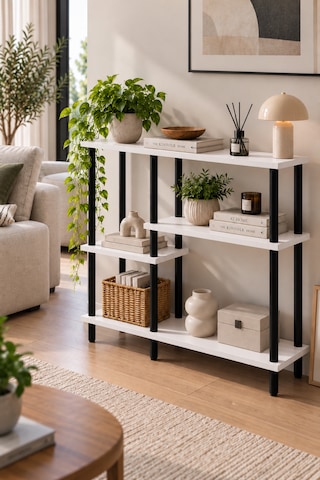 Modern 4 Raflı Kitaplık Salon Düzenleyici Metal Ayaklı Dekoratif Kitaplık Ve Çok Amaçlı Raf Ünitesi Beyaz