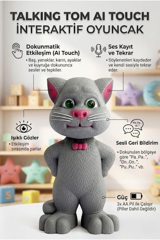 Talking Tom İnteraktif Konuşan Kedi - Ses Taklit Eden Ses Kaydeden Dokunmatik Sensörlü Oyuncak