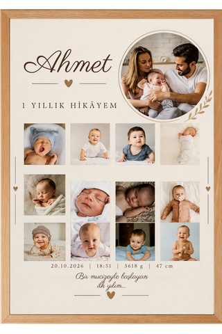 Kişiye Özel Bebek Anı Tablosu - 12 Ay Fotoğraflı Doğum Panosu Ahşap Çerçeveli Poster Kişiye Özel Bebek İlk Yılım 12 Aylık Gelişim Ve Doğum Bilgileri Anı Tablosu Bebek 1 Yıllık Hikayem Fotoğraflı Anı Panosu -