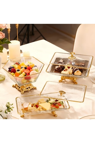 Gold 3 Parça Pasta & Kurabiyelik Sunum Seti Altın - Gold