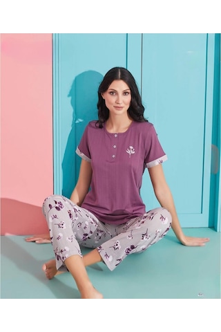 Pijamoni Kadın Viskoz Likralı Düğme Yaka Kaşkorse Patlı Kısa Kol Pijama Takımı 5520-5 / 1 Adet Mor