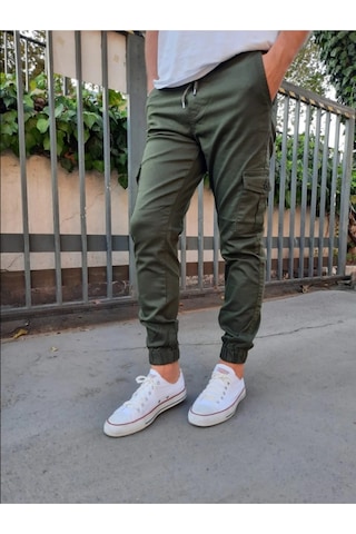 Haki Slim Fit None Denim Yandan Cepli Bel Bağcıklı, Paçaları Lastikli Erkek Kargo Pantolon Haki