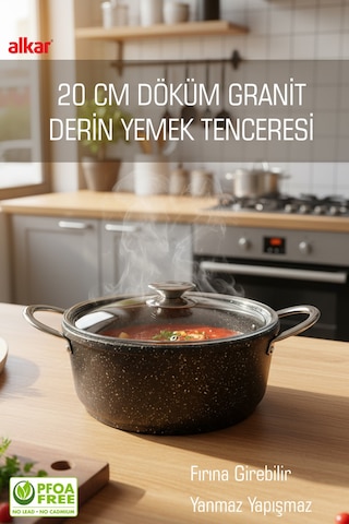 20 Cm Küçük Boy Döküm Granit Yapışmaz Fırına Girebilir Yemek Tenceresi Siyah