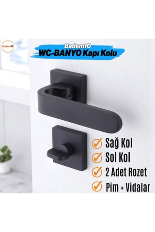 Ay Wc - Banyo Siyah Kapı Kolu Kare Rozetli Ev Kapı Kolları Sağa Sola Uygun Kilitlenebilir 1 Takım