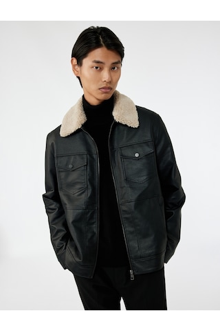 Koton Uzun Kollu Kapaklı Cep Detaylı Slim Fit Peluş Yaka Suni Deri Ceket Siyah 6wam20128hw