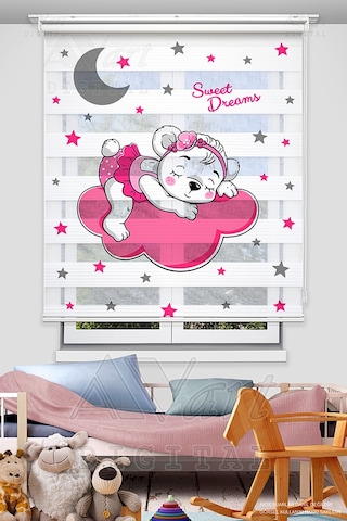 Sevimli Uyuyan Ayıcık Baskılı Çocuk Odası Perdesi - Pembe - Dijital Baskılı Zebra Stor Perde Pembe
