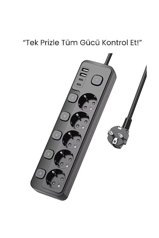 5 Li Priz + 2 Usb-a 2 Usb-c Çoklu Priz Bireysel Anahtarlı Akım Korumalı 2 Metre Kablo Hızlı Şarjlı Uzatma Kablosu 2 M
