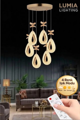 LumiaLighting Damla Model 6'lı Gold Kumandalı 3 Renk Modu Ledli Kristal Taşlı Modern Salon Mutfak Oturma Odası Led Avize