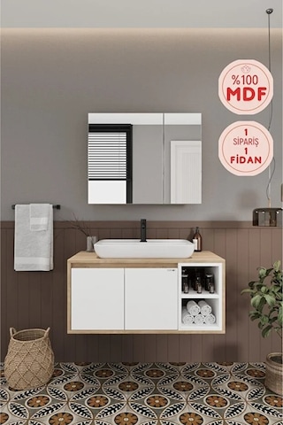 Lale Beyaz 90 Cm %100 Mdf Lavabolu Banyo Dolabı + Aynalı Dolap Beyaz Meşe Lale Beyaz 90 Cm %100 Mdf Lavabolu Banyo Dolabı + Aynalı Dolap Beyaz Meşe
