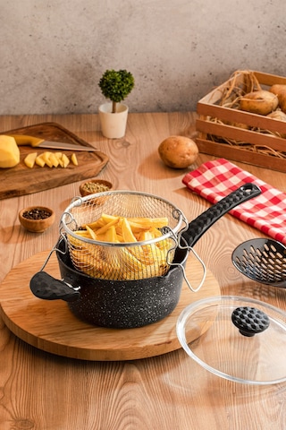 Cheflon Granit Patates,sosis,cips Kızartma Tencere Tavası Fritöz Telli 20 Cm Kapaklı Gümüş- Siyah