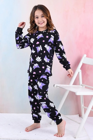 Kuromi Desenli Kız Çocuk Pijama Takımı Pembe 3-8 Yaş Siyah