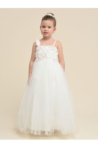 Zekids Kız Çocuk Çiçekli Askılı Uzun Abiye Elbise-13860 Krem