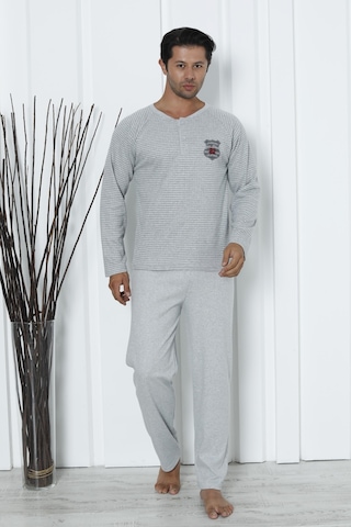Falkom 5003 İnterlok Kalın Kışlık Çizgili Erkek Ev Pijama Takımı Gri
