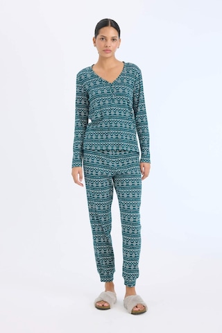 DeFacto Fall in Love Pijama Takımı Waffle Kumaş Uzun Kollu Üst Esnek Belli Uzun Alt D2284AX24WNGN1040 Yeşil