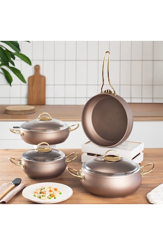 Lines L-5094-2 Yonca Güveç 7 Parça Tencere Seti Bakır Altın Kulp